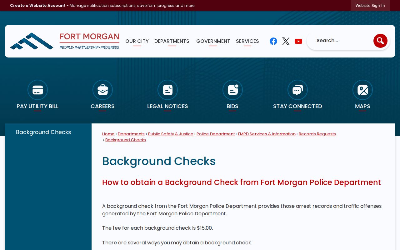 Fort Morgan local background check scope and fee page