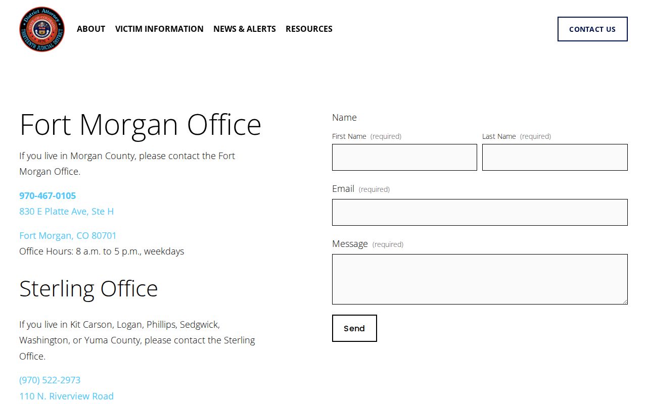 13th Judicial District Attorney Fort Morgan office contact page