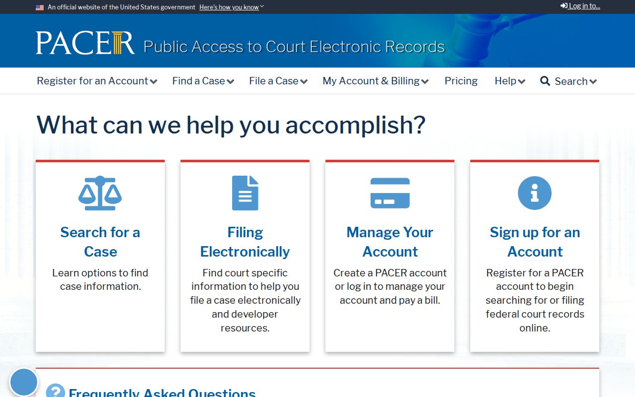 PACER federal court record access page for cases outside Morgan County courts