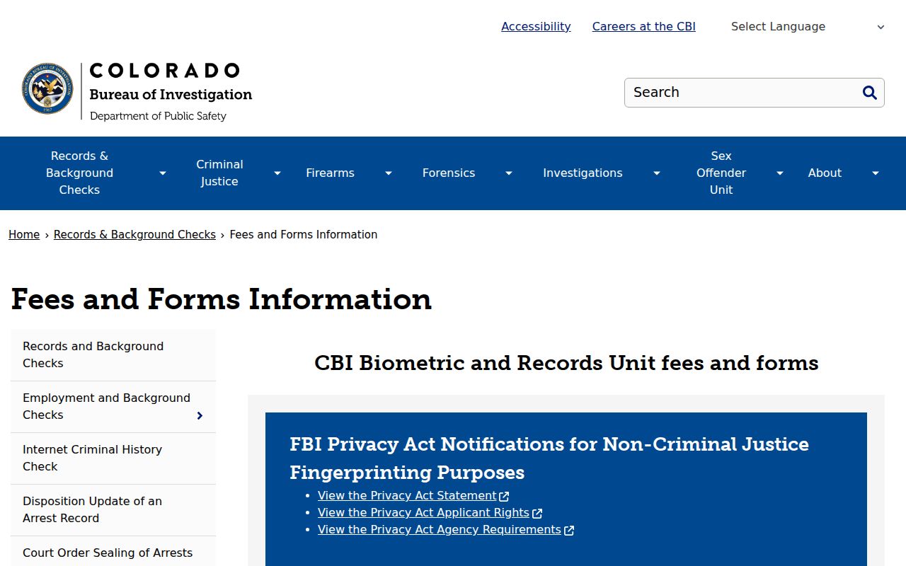 CBI criminal history fees and forms information used by Morgan County residents