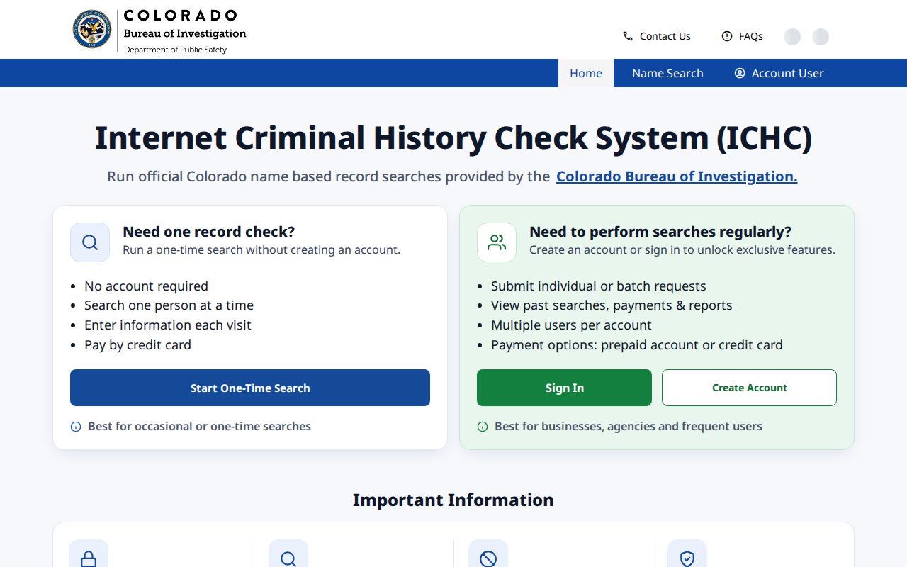 Official CBI ICHC name search interface for Colorado records